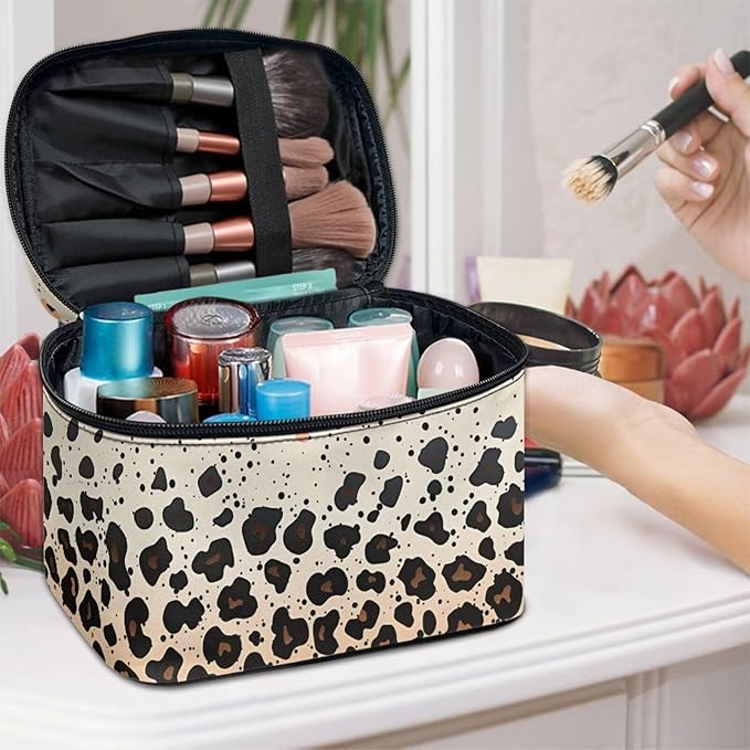 Brown Cheetah Leopard Print Travel Makeup Bags for Women Portable Tote Cosmetic Case with Carry Handle Toiletry Accessories Storage Organizer Bags