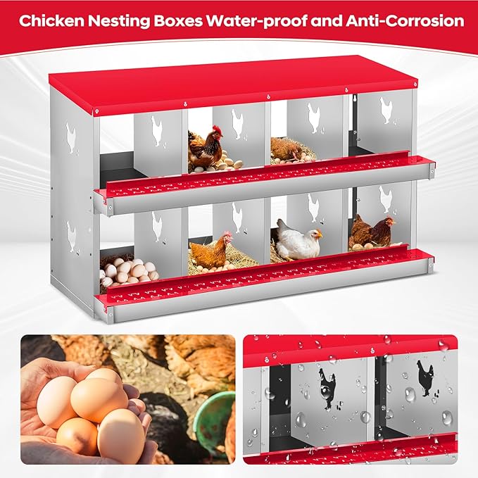8 Compartment Chicken Nesting Box, 2 Layer Wall Mount/Free Standing Poultry Nest for Chickens, Hens, Ducks, Metal Chicken Laying Boxes with Perch, Secure Lid, Vented Holes for Egg Collection, Red