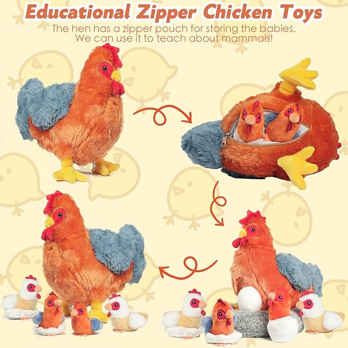 9 in 1 Chicken Stuffed Animal Set Stuffed Chicken Plush Toys for Kids, Egg Laying Hen with Zippered Belly, Eggs, Baby Chicks Plush Chickens and Coop for Kids Girls Boys Birthday Easter Stuffers Gifts