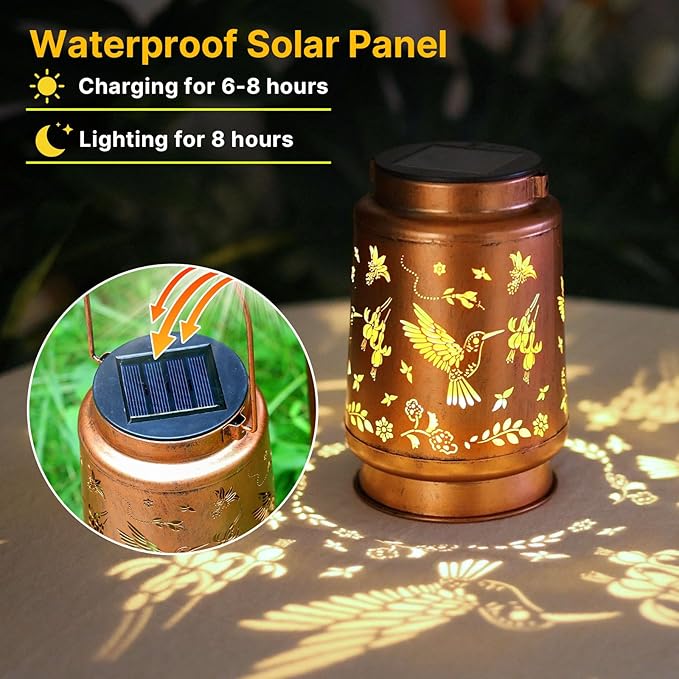 Hummingbird Solar Lanterns Outdoor Waterproof Hanging Solar Lights Hummingbird Birthday Gifts for Women Men Mom Metal Decorative LED Lantern Outside for Decor Garden,Yard,Patio,Lawn,Porch,Backyard