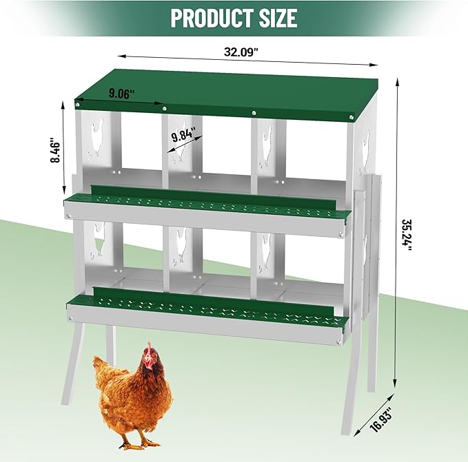 Metal Chicken Nesting Boxes, Heavy-Duty Galvanized Steel Egg Laying Box with 6 Compartments, Rustproof, Easy to Install & Clean, Wall-Mountable Design for Poultry Coops- Green with Stand