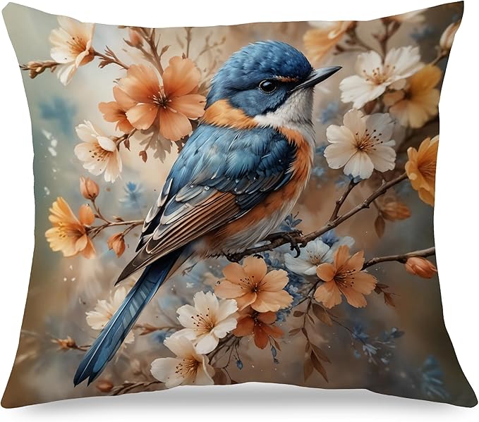 Vintage Floral Blue Bird Spring Pillow Covers 18x18, Bird Decor for Home, Cottagecore Floral Botanical Birds Nature Throw Pillow Covers for Home Living Room Bedroom