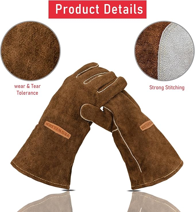 YESWELDER 14-Inch Welding Gloves - Cow Leather, Heat/Fire Resistant for Forge/Mig/Stick Welding, Oven/Grill/Fireplace Mitts with Soft Lining - Ideal for Furnace/Stove/Pot/Wood Burner/BBQ