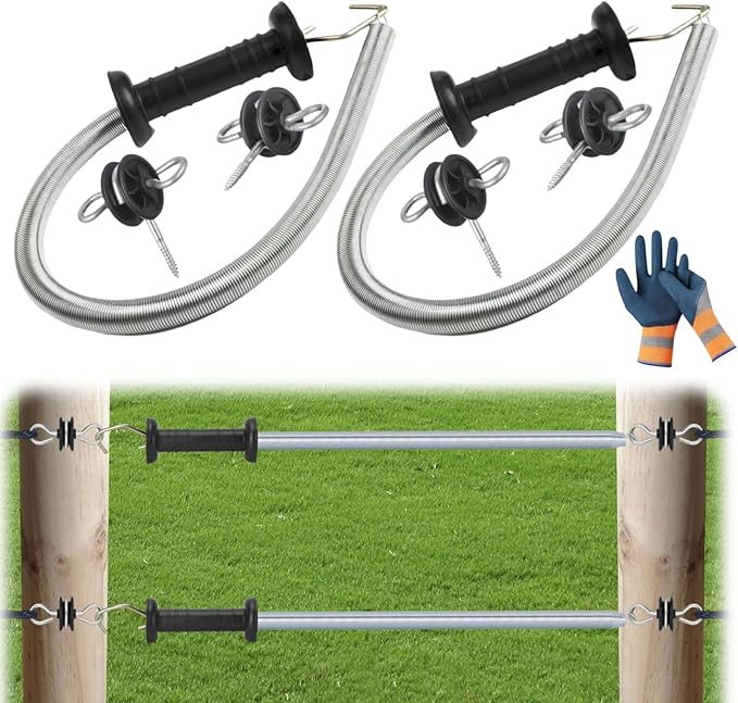 2 Set Electric Fence Gate Kit,Electric Fence Gate Handle with Spring,16.4 Ft Tension Spring