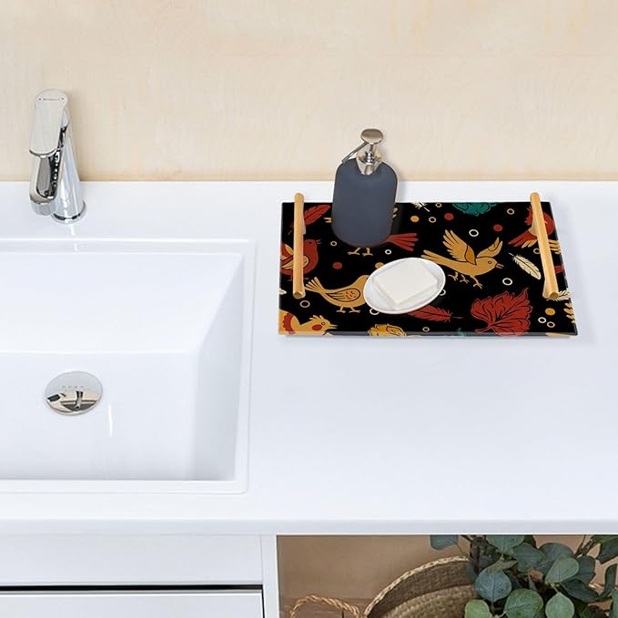 Bathroom Vanity Tray Counter Organizer, Autumn Birds and Leaves Pattern Decorative Tray with Handles Countertop Storage for Bathroom Bedroom Kitchen Home Farmhouse