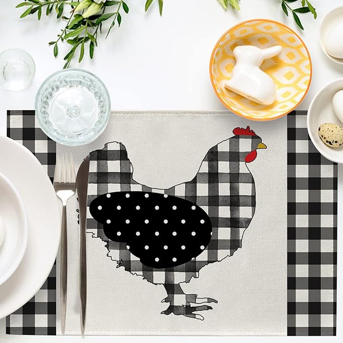 Seliem Farm Chicken Hen Animal Placemats Set of 4, Black White Buffalo Check Plaid Farmhouse Chick Dining Table Place Mats, Spring Summer Country Rustic Kitchen Decor Home Decoration 12 x 18 Inch