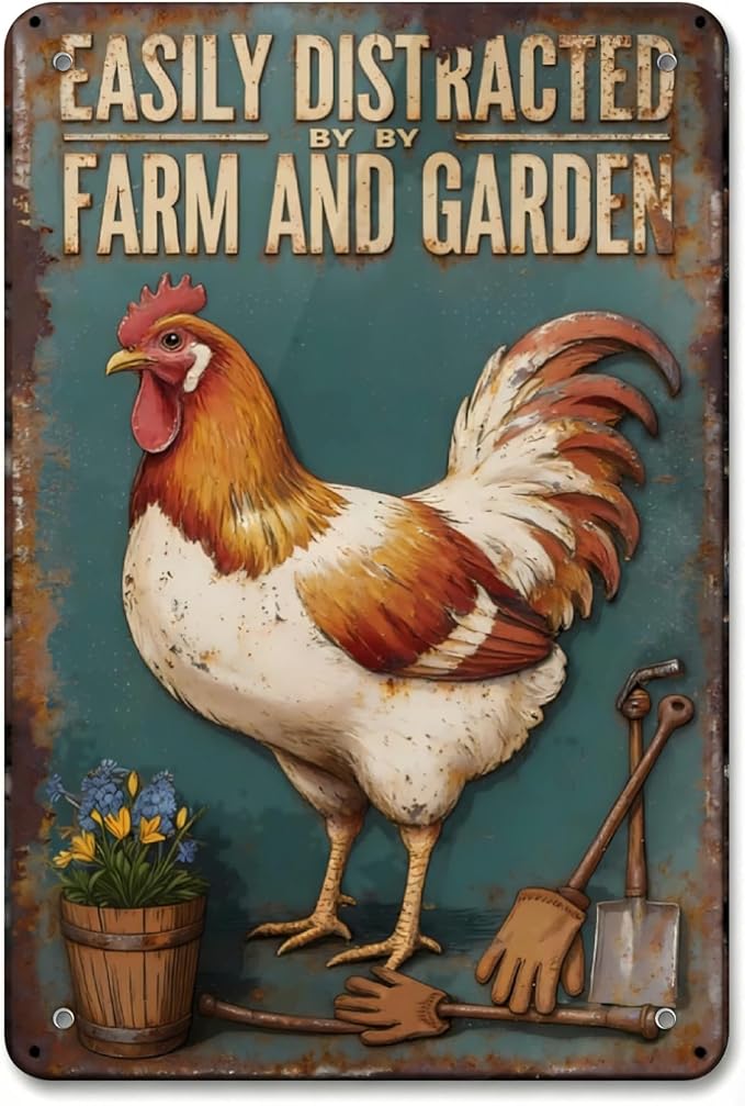 Vintage Metal Tin Signs Rustic Farm Rooster And Garden Tools Decor For Kitchen Or Barn 8 X 12 Inches8 x12 inch