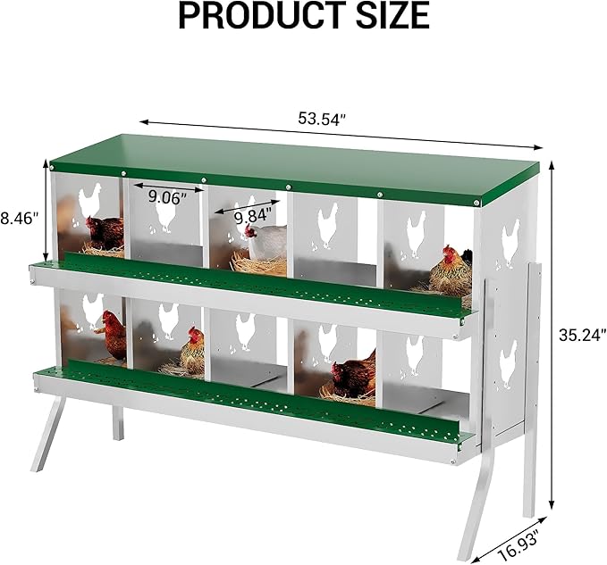 Heavy Duty Galvanized Metal Chicken Nesting Box - Rustproof Egg Laying Box for Hens with Slanted Roof, Rollout Design - Wall Mount or Freestanding Poultry Nest for Chicken Coop (10-Hole)