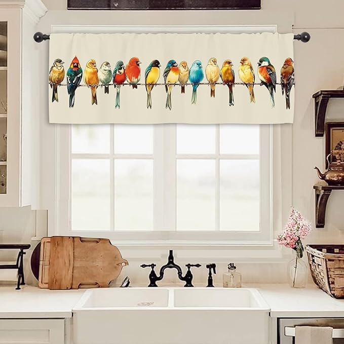 Miyotaa Birds Kitchen Curtain Valance 54W x 18H Rod Pocket Vintage Retro Colorful Window Treatment for Living Room Bedroom Bathroom
