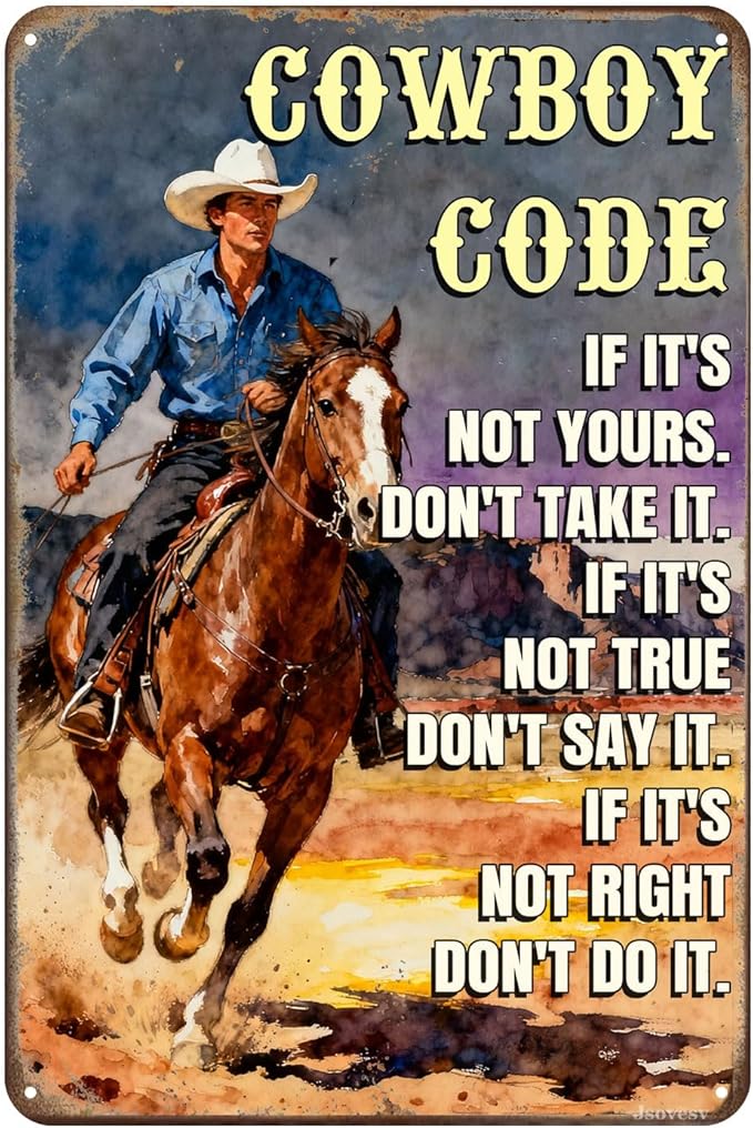 Western Cowboy Code Tin Sign ‘If It’S Not Yours Don’T Take It, If It True Don’T Say It’ Rustic Vintage Wall Art Home Porch Ranch,Garage,Man Cave Decor 8x12 Inches