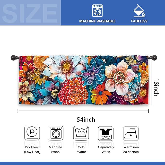 Bohemian Colorful Flower Kitchen Curtain Valance 54W x 18L Inch Blossom Botanical Plant Vintage Rod Pocket Short Cafe Small Window Treatment Drapes Decor