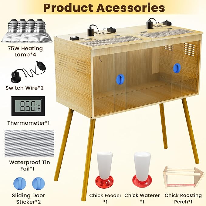 Brooder Box For Chicks, 32 Inch Large Wooden Chicken Brooder Box With Legs, 75W Heat Lamps, Thermometer, Chicken Feeder & Waterer Set, Tin Foil, Ideal For 12-15 Chicks Ducks Quail, Large(Legs)