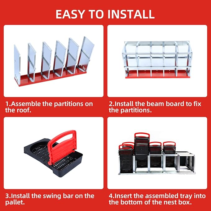 Chicken Nesting Box, 8/10 Compartment Nesting Box, Metal Roll Away Nest Box with Removable Tray & Lid Cover for Chickens Laying Egg to Protect Eggs, 10-Compartment Without Leg (Red)