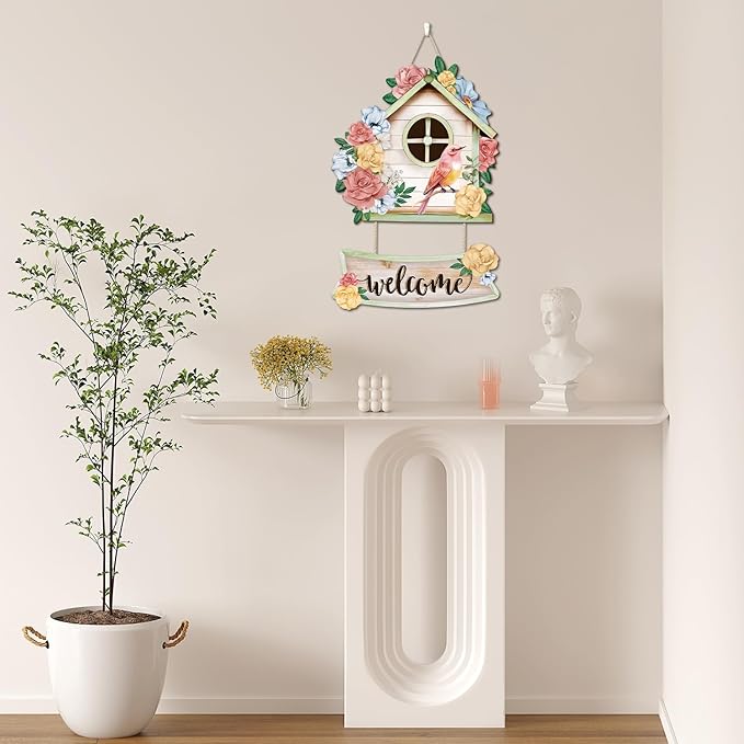 CHDITB Welcome Spring Wooden Sign, Floral Birdcages Wooden Hanging Plaque, Pink Birds Flowers Front Door Hanger, Spring Sign Rose Welcome Wall Art for Farmhouse Outdoor Spring Wall Art Decor