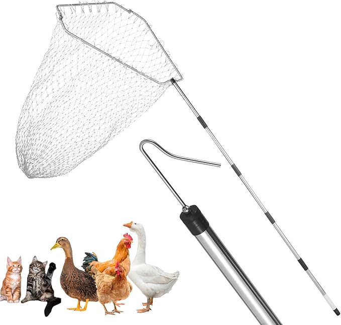 Chicken Net Catcher,74" Adjustable Extension Pole Chicken Hook Catcher Kit，The Animal Net Catcher Is Made Of Stainless Steel,Suitable For Catching Small Duck,Goose,Bird,Fish, Etc. （15.3 x 23.2" Net)
