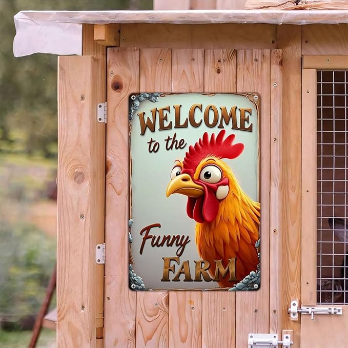FunnySign Chicken Gifts Rooster Décor Welcome To The Funny Farm Rustic Tin Sign For Home Farm Chicken Coop Decor 8x12 Inch (9708)