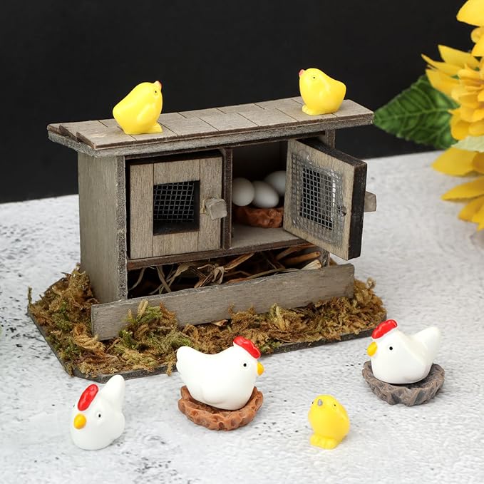 Miniature Chicken Coop Set - 13-Piece Farm Decor Kit with Hens, Chicks, Eggs & Nests for Fairy Gardens, DIY Mini Landscapes & Party Decor