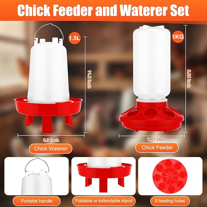 Chicken Heat Lamp Carbon Fiber Tube Brooder Heater Lamp for Chicks, Adjustable 2 Temperature Hanging Chicken Warmer Poultry Automatic Feeder and Waterer Kit for Newborn Livestock 175w/350w