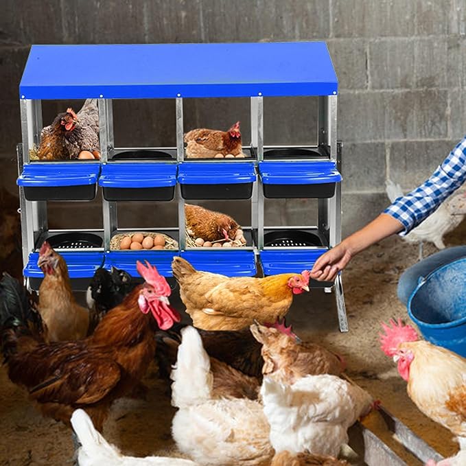 GarveeHome 2-Tier Chicken Nesting Box, 8 Compartment Metal Chicken Laying Boxes with Waterproof Roof ＆ Removable Trays for Hens, Poultry，Easy Egg Collection