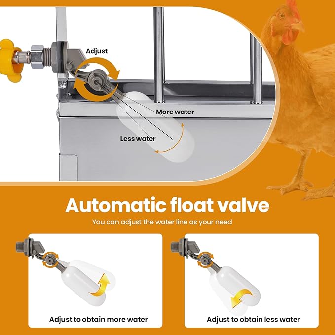 Automatic Chicken Waterer, Metal Chicken Waterer Dispenser Poultry Waterer No Waste Adjustable Height Chicken Watering System with Float Valve for Duck Pigeon Goose Turkey