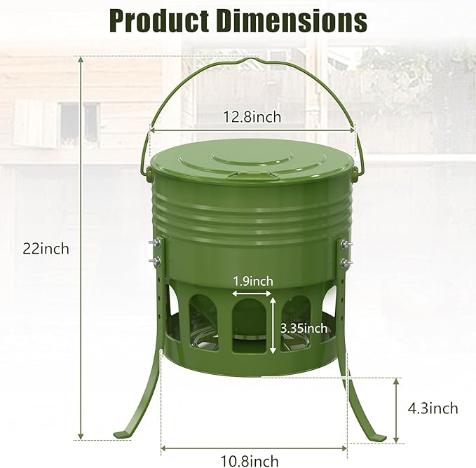 Metal Chicken Feeder No Waste, 20 Lbs Large Automatic Chicken Feeder with 12 Ports, Adjustable Height Poultry Feeder with Lid & Handle, Rat Proof Rust Proof Feed Box for Poultry & Backyard Chickens