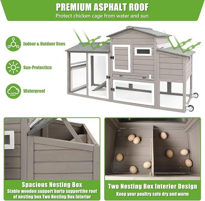PetsCosset 136" Chicken Coop with Wheels, Backyard Wooden Hen House Outdoor for 1-6 Chickens, 2 Story Poultry Cage Chicken Coop and Run, Nesting Box, Pull Out Trays, Set of Two, (Grey)