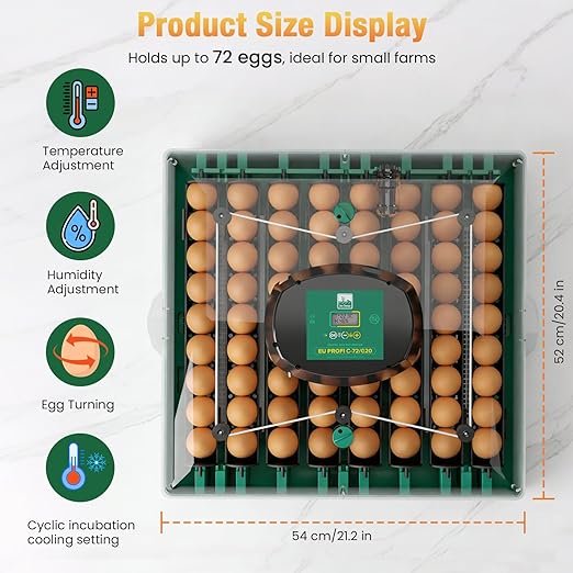 Egg Incubator for Chicken Eggs, 72 Egg Large Capacity with Automatic Egg Turner and Humidity Control, Egg Hatching Incubator for Chicken, Quail, Duck & Geese with Built-in Candler for Farm & Classroom