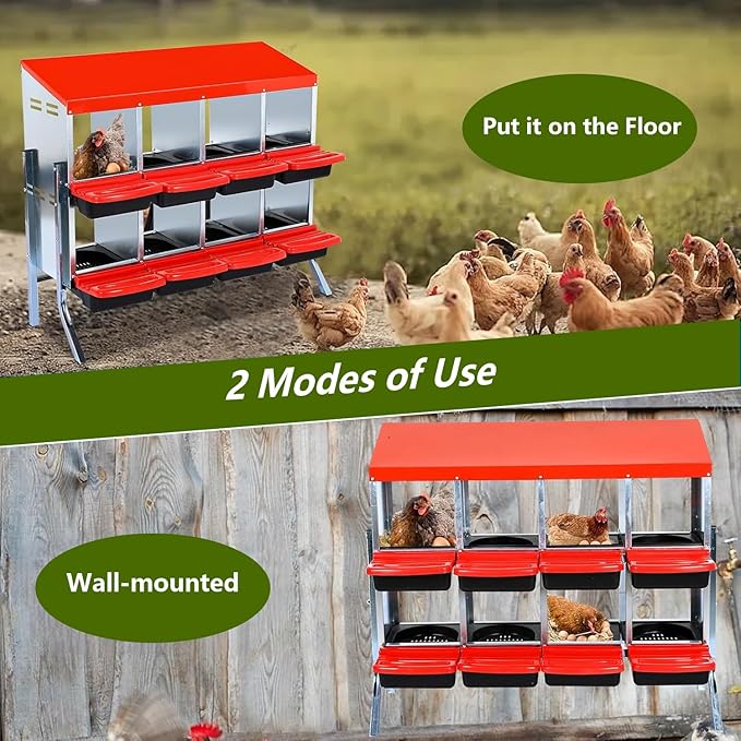 Chicken Nesting Box, 2-Tier Chicken Laying Boxes for Hens, 10 Hole Nesting Boxes for Chickens, Roll Away Nest Box for Laying Eggs, Roll Out, Easy Egg Collection (Red, 8-Holes with Legs)