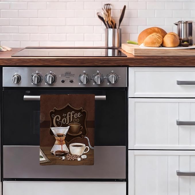 Vintage Coffee Kitchen Towels Decorative Set of 4, Brown Dish Towels Soft Absorbent Cute Tea Towel Hand Towel for Coffee Bar Drying Cleaning Kitchen Decor