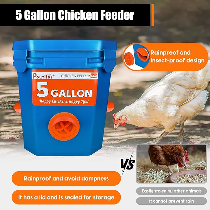 Chick Feeder and Waterer Set Bucket, Automatic Chicken Waterer 5 Gallon, No Waste Poultry Feeding System, Hanging Chicken Feeder Kit with Cups and Ports, Chicken Coop Accessories, 44Pound