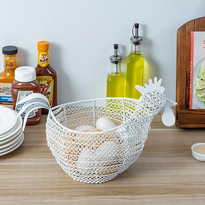 MyGift Modern Matte White Metal Wire Egg Storage Basket in Decorative Chicken Shaped Design, Farmhouse Container for Gathering Fresh Eggs and Easter Decor