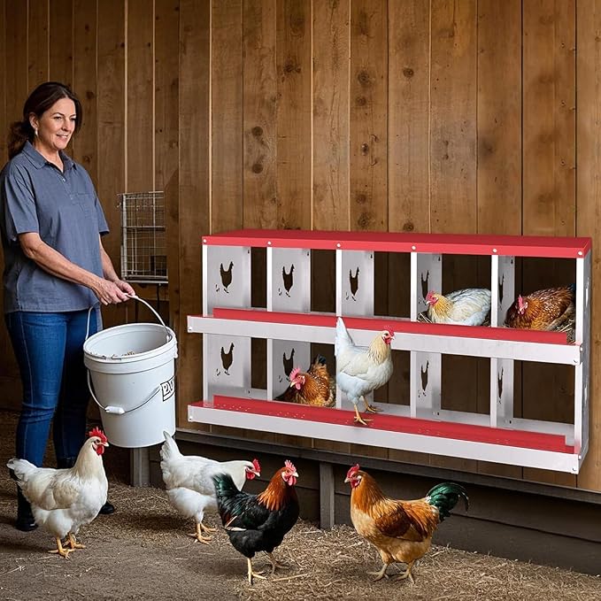 Chicken Nesting Box, Heavy-Duty Metal Chickens Laying Boxes with 10 Compartments, Large Vented Holes Hens Laying Box, Chicken Coop with Rollout Egg Collection, Wall Mount - Red