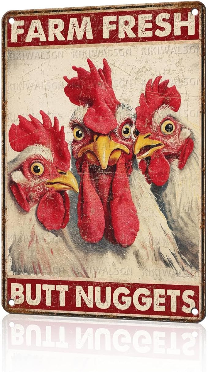 Funny Chicken Metal Signs Coop Decor Farm Fresh Butt Nuggets Tin Signs Vintage Farmhouse Poster Rustic Wall Decor For Home Outdoor Farm Poultry House Yard Cafe Kitchen Garden 12 * 8 In