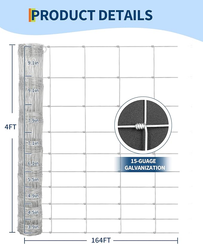 Farm Fence, 4FT x 164FT x 0.39IN White Welded Wire Fence Roll - Zinc Galvanized No-Climb Animal & Poultry Netting for Horses, Sheep, Chickens - Heavy Duty Yard Protection & Garden Grid Fencing