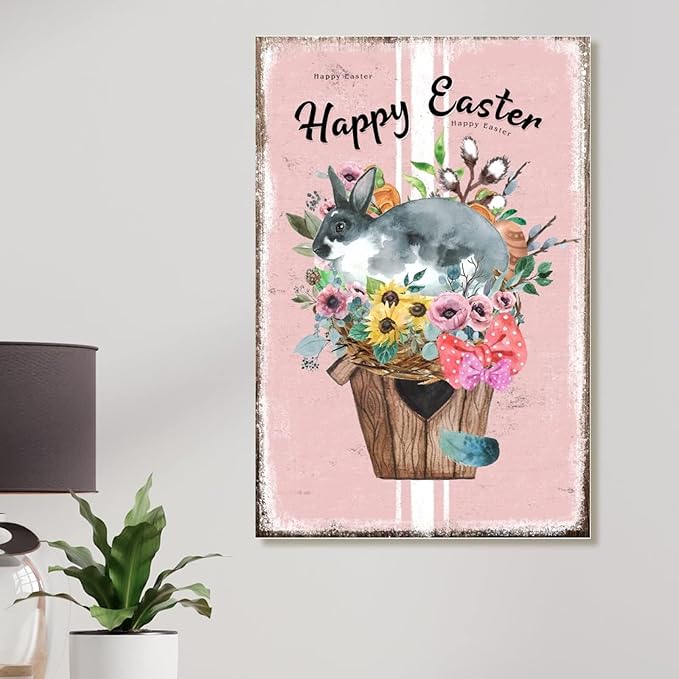 Happy Easter Flower Basket Bunny Wall Decor Wood Sign French Style Floral Pink Stripes Wood Plaque Hello Spring Happy Easter Day Wood Wall Art Signs for Kitchen 12x18in