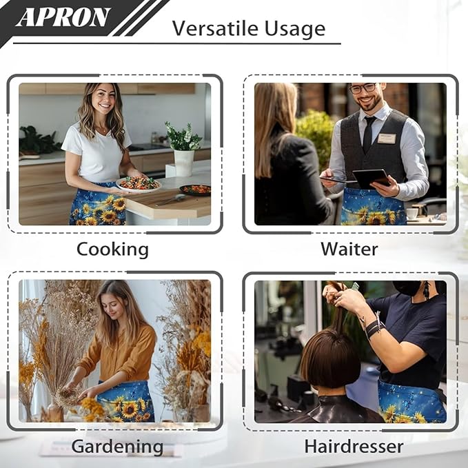 Waist Apron with 3 Pockets Waterproof 13 Inch Short Half Waist Aprons Women Men Server Aprons Waitress Waiter Apron
