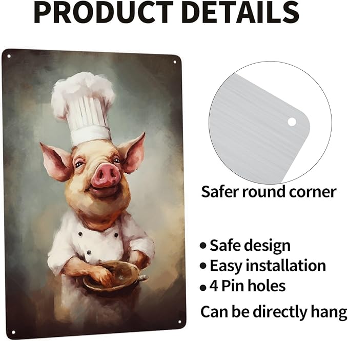 JOCASA Pig Chef Vintage Metal Poster Sign Decor-Retro Aluminum Metal Tin Sign for Home Wall Decor, Kitchen, Bedroom, Signs Gift,12''x 8''