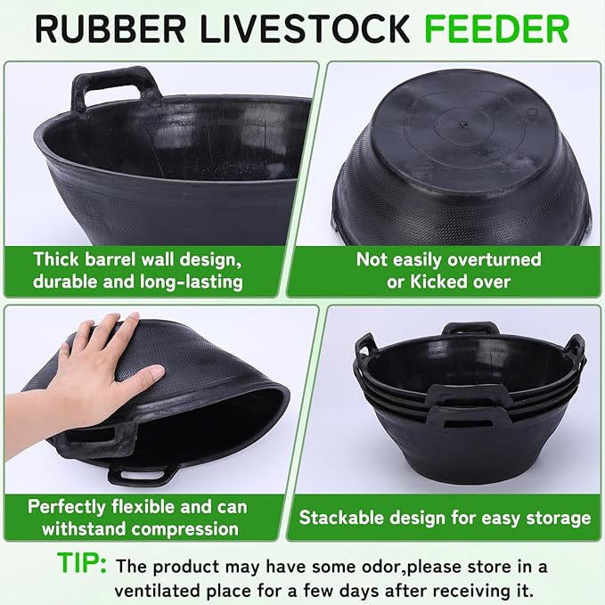 4 Pack 3.1 Gallon Rubber Feed Pan with Handle,Multi-Purpose Flexible Rubber Bucket Pan,Animal Feeding Trough & Dust Bath Container for Horses,Goats,Chickens,Pig,Farm,Garden,DIY