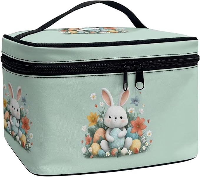 Rabbit Floral Easter Egg Print Travel Makeup Bags for Women Portable Tote Cosmetic Case with Carry Handle Toiletry Accessories Storage Organizer Bags Green