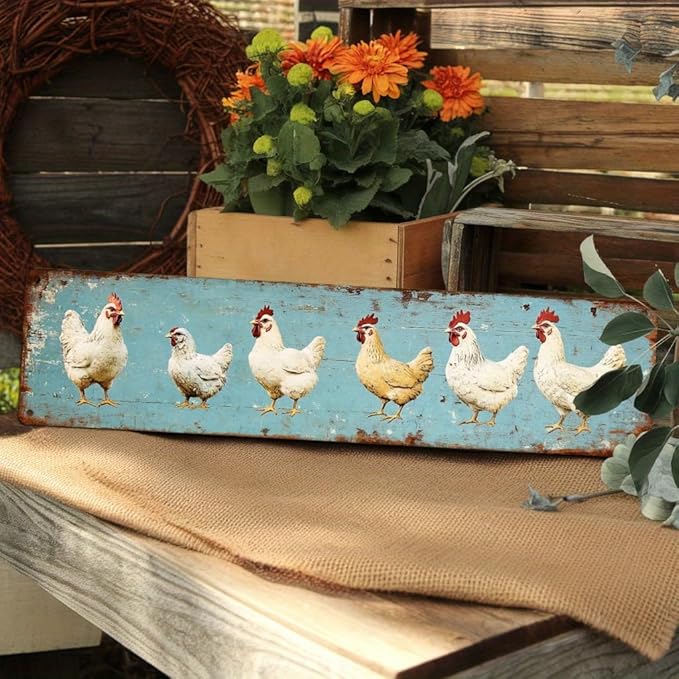 Rustic Farm Chickens Metal Tin Sign Vintage Wall Decor for Kitchen Farmhouse Living Room Entryway Home Decor 4x16 Inch