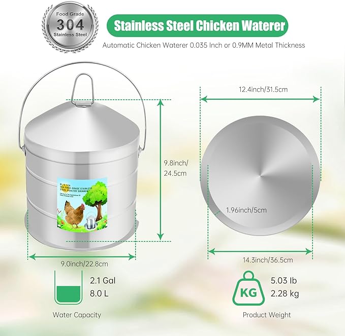 Automatic Chicken Waterer 8L/2.1Gal, 304 Food Grade Stainless Steel Heavy Duty Reliable Long-Lasting Poultry Waterer with Handle, High Strength Structure 0.035 Inch Metal Thickness, No Assemble