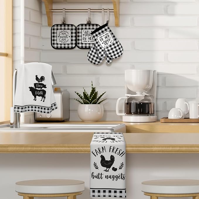 Sratte 6 Pcs Farmhouse Marble Dish Towels Pot Holders and Oven Mitts Sets Pink White and Gold Heat Resistant Kitchen Towels Farm Animal Kitchen Decoration for Baking Cooking Supply(Farm Animal)