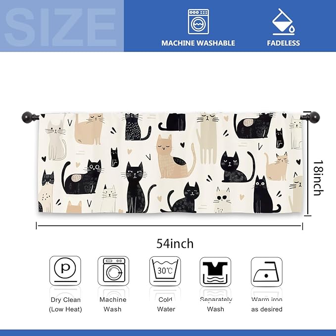 Cute Cartoon Cat Kitchen Curtain Valance 54W x 18L Inch Funny Pet Kitten Animal Rod Pocket Short Cafe Small Window Treatment Drapes Decor