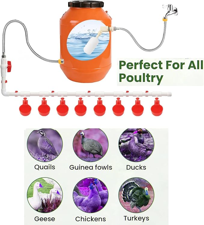 58 Pcs Automatic Chicken Waterer System with 8 Water Cups & 2 Garden Hose &1/2" PVC Pipe & Float Valve & Hose Connector Kit for Chicken coops,Geese,Ducks,Compatible with Water Tanks,1/2"&3/4" Hose