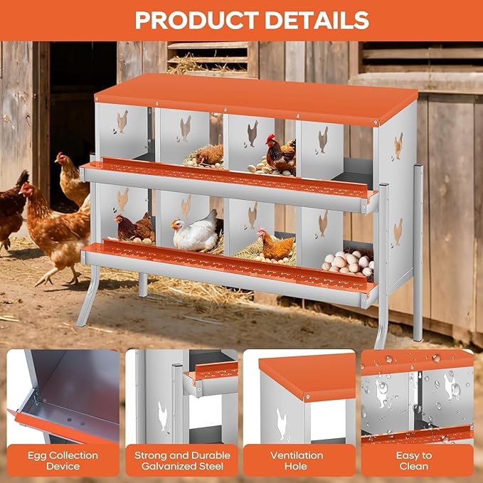 Chicken Nesting Box, 6/8/10 Compartment Metal Nesting Box,Wall Mount Chicken Nesting Boxes for Laying Eggs,Easy Egg Collection,6 Room Nest Boxes for Chickens