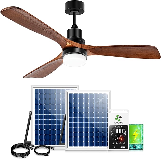 Outdoor Ceiling Fan with Light & Battery, 52" Solar Ceiling Fans for Outside 3 Speeds, Quiet Wood Walnut Fan with Adjustable Thermostat for Gazebo, Patios