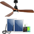 Outdoor Ceiling Fan with Light & Battery, 52" Solar Ceiling Fans for Outside 3 Speeds, Quiet Wood Walnut Fan with Adjustable Thermostat for Gazebo, Patios