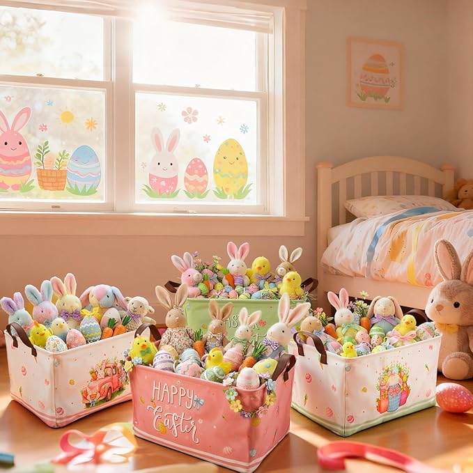 CHENGU 6 Pack Easter Storage Bin Collapsible Easter Basket for Gifts Bunny Eggs Holiday Decor Large Rabbit Basket Foldable Colorful Truck Box with Handle for Bedroom Office Home