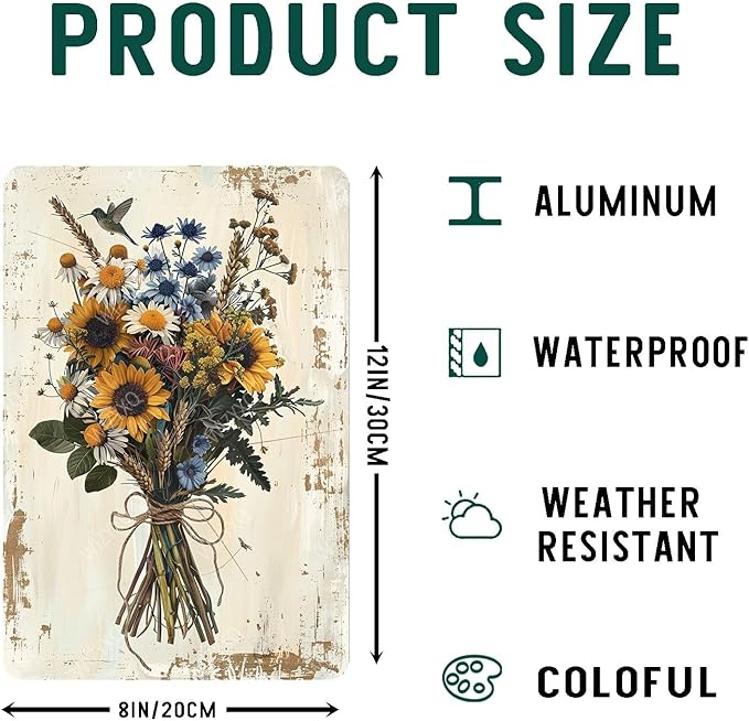 Flowers Metal Signs Vintage A Bouquet of Wild Flowers Tin Sign Retro Wall Decor for Living Room Bedroom Greenhouse Garden Yard Shop Bar 8×12 Inches