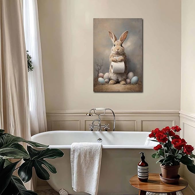 MNFGMH Easter Canvas Wall Art Bunny Bathroom Picture Wall Decoration Modern Spring Rabbit Poster Home Painting Gift Wooden Frame 12x18 inch